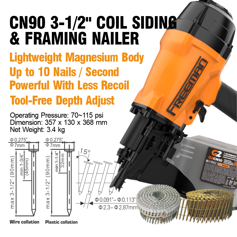 FMCN90 3-1/2 Inch Pneumatic Coil Framing Nailer