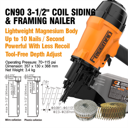 FMCN90 3-1/2 Inch Pneumatic Coil Framing Nailer